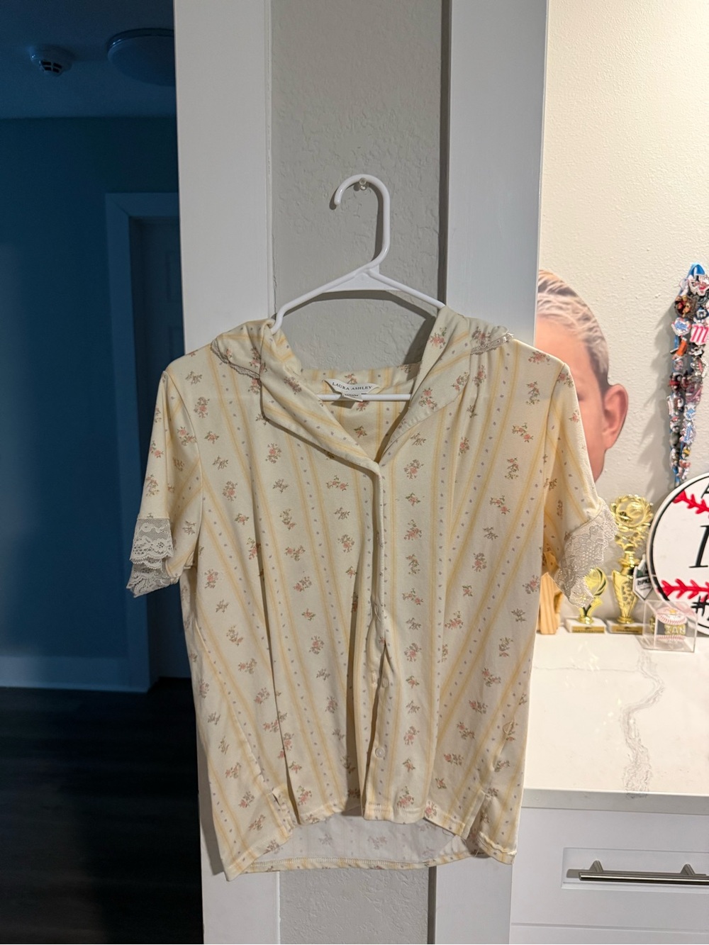 Laura Ashley Cream Floral Hooded Short Sleeve Top with Pale Yellow Stripes